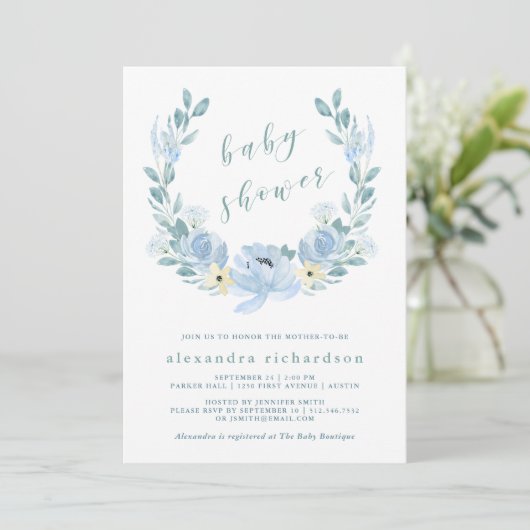 Delicate Blue | Waterverf Floral Baby shower Kaart (Staand voorkant)