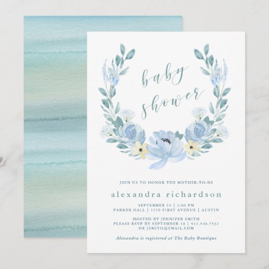 Delicate Blue | Waterverf Floral Baby shower Kaart (Voorkant / Achterkant)