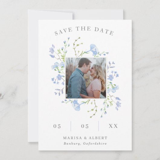 Delicate Blue Wildflowers Moderne foto QR-code Save The Date (Voorkant)