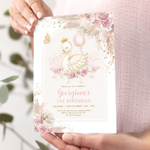 Delicate Blush Boho Swan Princess Girl Birthday Kaart