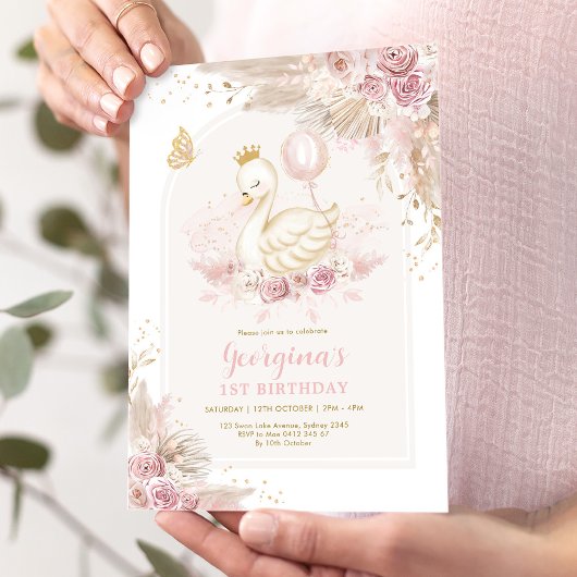 Delicate Blush Boho Swan Princess Girl Birthday Kaart