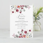 Delicate Blush & Bourgogne Bloemen Huwelijk Save The Date (Staand voorkant)