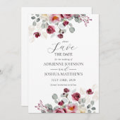 Delicate Blush & Bourgogne Bloemen Huwelijk Save The Date (Voorkant / Achterkant)