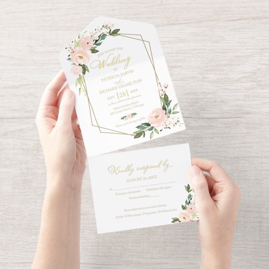 Delicate Blush  Floral Geometric Wedding  All In One Uitnodiging (Uittrekbaar)