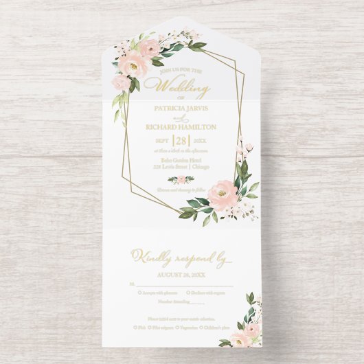 Delicate Blush Floral Geometric Wedding All In One Uitnodiging (Binnenkant)
