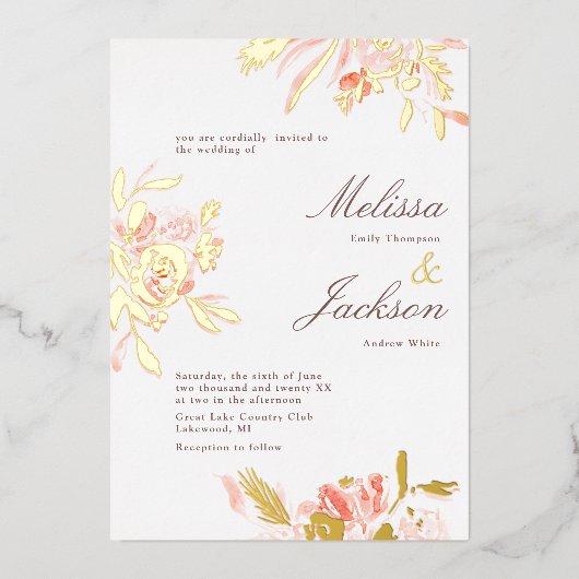 Delicate Blush Flower en Gold Bloom Wedding Folie Uitnodiging (Voorkant)