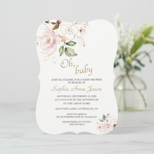 Delicate Blush Gold Floral Monogram Baby shower Kaart (Staand voorkant)
