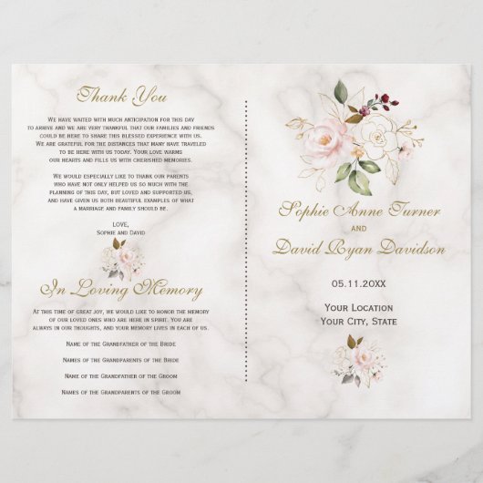 Delicate Blush Gold Flowers Marble Wedding Program (Voorkant)