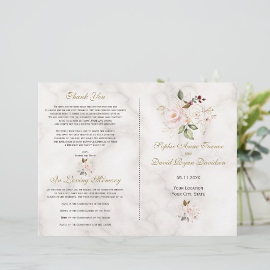 Delicate Blush Gold Flowers Marble Wedding Program (Staand voorkant)