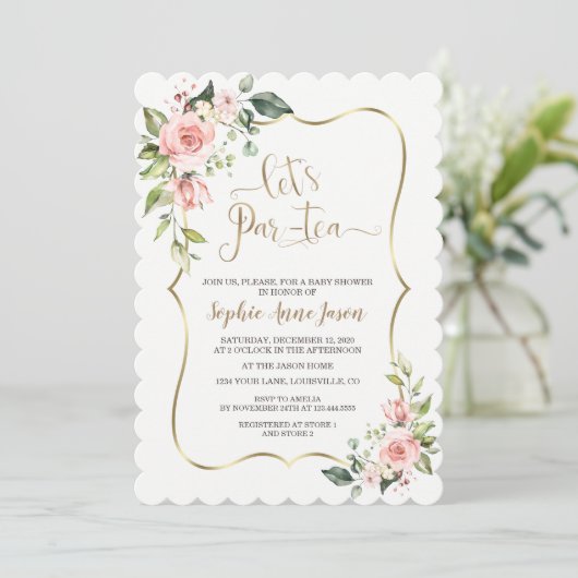 Delicate Blush Pink Floral Baby shower Tea Party Kaart (Staand voorkant)