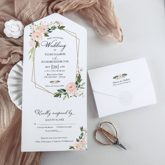 Delicate Blush Pink Floral Geometric Wedding All In One Uitnodiging