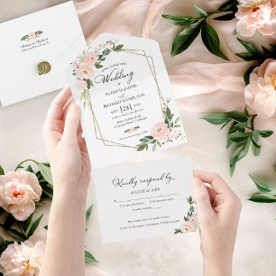 Delicate Blush Pink Floral Geometric Wedding All In One Uitnodiging