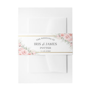 Delicate Blush Roze Bloemen Goud Groen Bruiloft Uitnodigingen Wikkel