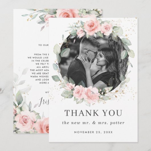 Delicate Blush Roze Bloemen Krans Bruiloft Foto Bedankkaart (Voorkant / Achterkant)
