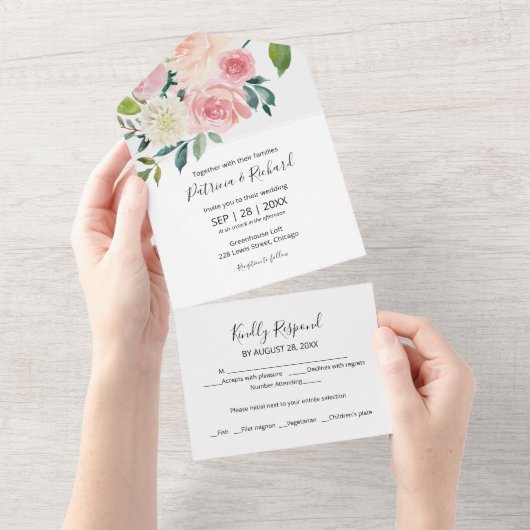 Delicate Blush Roze Bloemen Waterverf Bruiloft All In One Uitnodiging (Afscheurbaar)