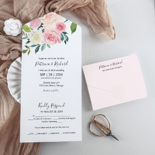 Delicate Blush Roze Bloemen Waterverf Bruiloft All In One Uitnodiging