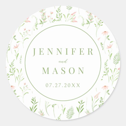Delicate blush roze groene wilde bloem boho bruilo ronde sticker (Voorkant)