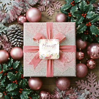 Delicate Blush Roze Poinsettia Gouden Frame TM26 Vierkante Sticker