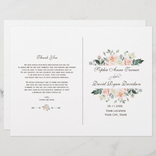 Delicate Blush White Cream Flowers Wedding Program (Voorkant / Achterkant)