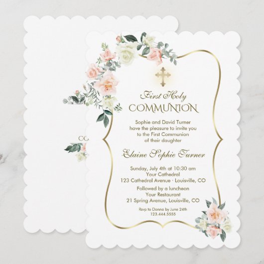 Delicate Blush White Flowers First Heilige Communi Kaart (Voorkant / Achterkant)