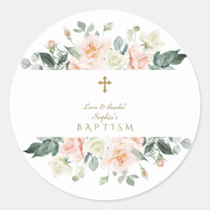 Delicate Blush White Flowers Gold Girl Baptisme Ronde Sticker