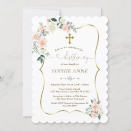 Delicate Blush White Flowers Gold Girl Christening Kaart