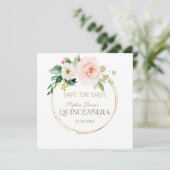 Delicate Blush White Flowers Gold Quinceañera Save The Date (Staand voorkant)