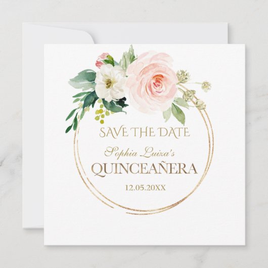 Delicate Blush White Flowers Gold Quinceañera Save The Date (Voorkant)