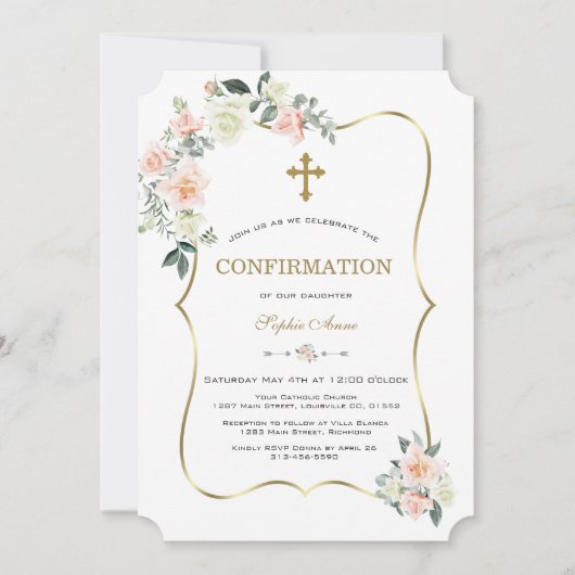 Delicate Blush Witte Bloemen Gouden Bevestiging Kaart (Voorkant)