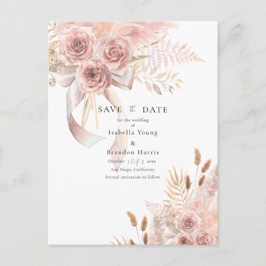 Delicate Bohemian Pink Floral Save the Date Postca Briefkaart (Voorkant)