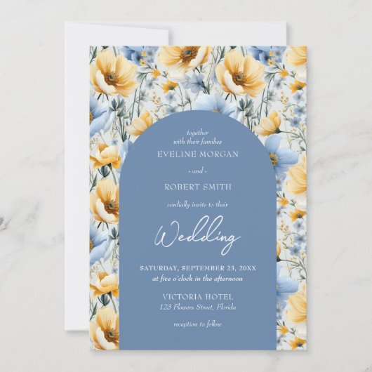 Delicate Boho blauwe en gele wilde bloemen boog Kaart (Voorkant)