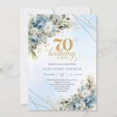 Delicate boho blue florals gold frame 70 birthday kaart (Voorkant)