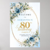 Delicate boho blue florals gold frame 80 birthday poster (Voorkant)