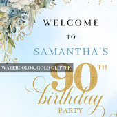 Delicate boho blue florals gold frame 90 birthday poster