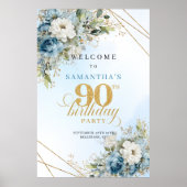 Delicate boho blue florals gold frame 90 birthday poster (Voorkant)