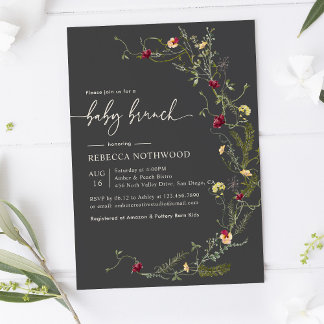 Delicate Boho Dark Gray Wildflower Baby Brunch Kaart