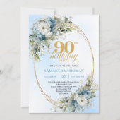 Delicate Boho Dusty Blue Floral Gold 90th Birthday Kaart (Voorkant)