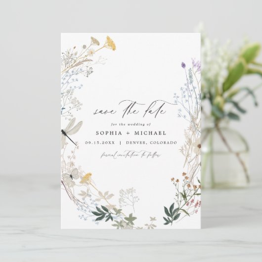 Delicate Boho Earth Tone Wildflower Save the Date Kaart (Staand voorkant)