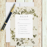 Delicate Boho groen bruiloft RSVP Kaartje<br><div class="desc">Dit prachtige, delicate trouwreactiekaartontwerp is elegant maar eenvoudig. Het bestaat uit een wit tekstvak dat wordt omringd door een delicate botanische groen in een zacht boeket op een zachte groene achtergrond. Dit ontwerp maakt deel uit van het collectie van de Delicate Boho Greenery Wedding Suite, dat is gemaakt door de...</div>