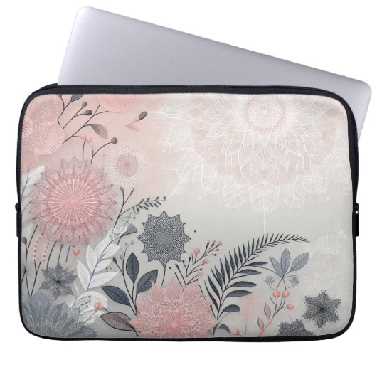 Delicate Boho Lace Pink Grey Laptop Tablet Sleeve (Voorkant)