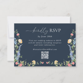 Delicate Boho-wildbloem Navy Blue Trouw-QR-code RSVP Kaartje