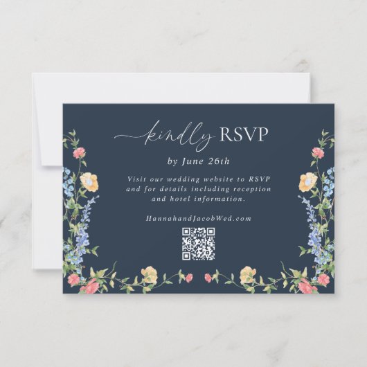 Delicate Boho-wildbloem Navy Blue Trouw-QR-code RSVP Kaartje (Voorkant)
