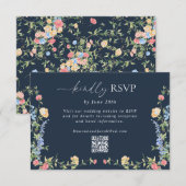 Delicate Boho-wildbloem Navy Blue Trouw-QR-code RSVP Kaartje (Voorkant / Achterkant)