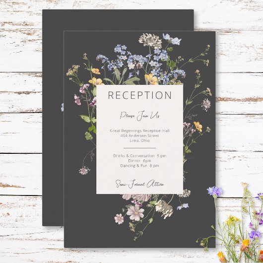 Delicate Boho Wildbloemen Charcoal Receptie Informatiekaartje