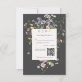 Delicate Boho Wildbloemen Charcoal Wedding QR-code RSVP Kaartje (Voorkant)