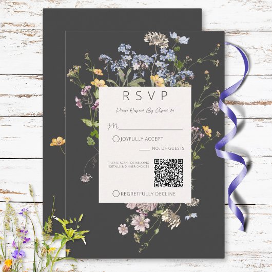 Delicate Boho Wildbloemen Charcoal Wedding QR-code RSVP Kaartje