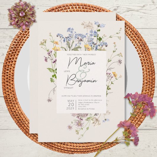 Delicate Boho Wildbloemen Cream Wedding Invitation Kaart
