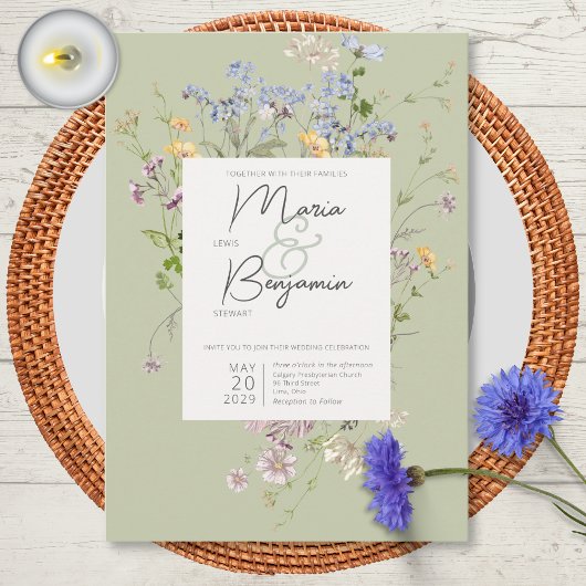 Delicate Boho Wildbloemen Groene bruiloft Kaart