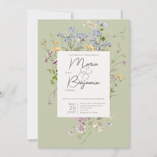 Delicate Boho Wildbloemen Groene bruiloft Kaart (Voorkant)