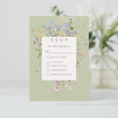 Delicate Boho Wildbloemen Groene bruiloft RSVP Kaartje (Staand voorkant)